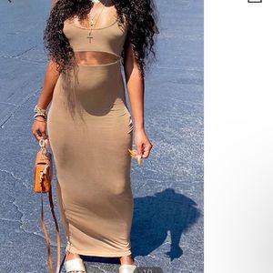 Sleeveless Round Neck Khaki Plain Dresses